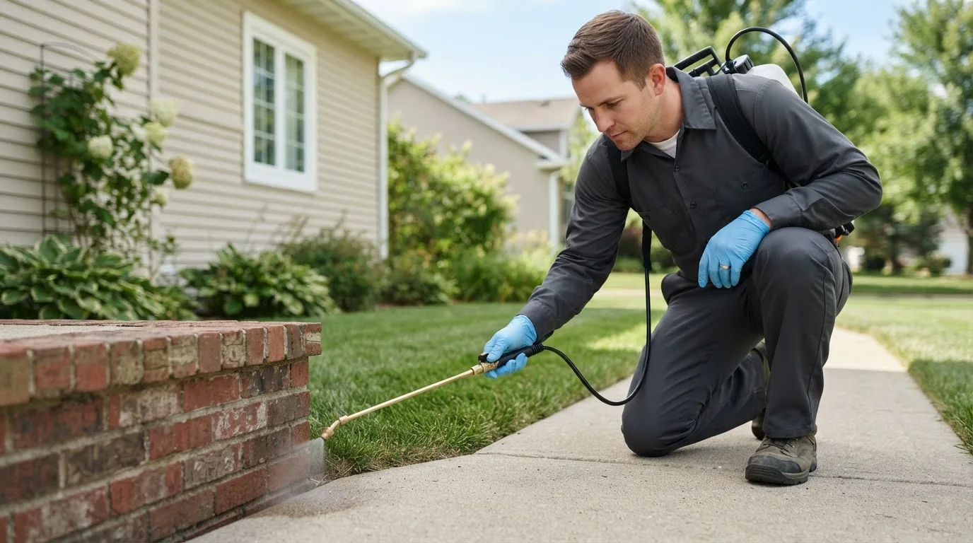 Pest control technician treating a home near Redwood Falls, MN